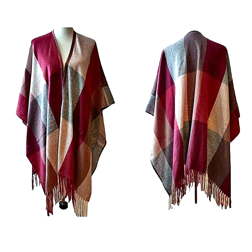 Nwot Woolrich Womens Dusty Rose Pink Gray Check Fringe Blanket Shawl Wrap
